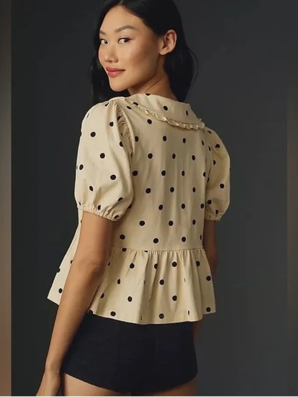 Polka Dot Peplum Blouse with Ruffle Collar - Beige with Black Dots